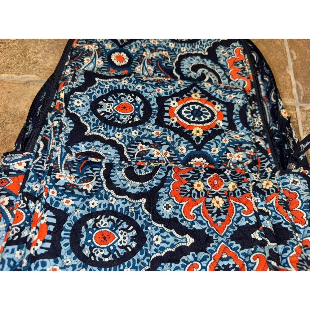 Vera Bradley Blue Lagoon Quilted Cotton Backpack Navy Blue Orange Floral Bag